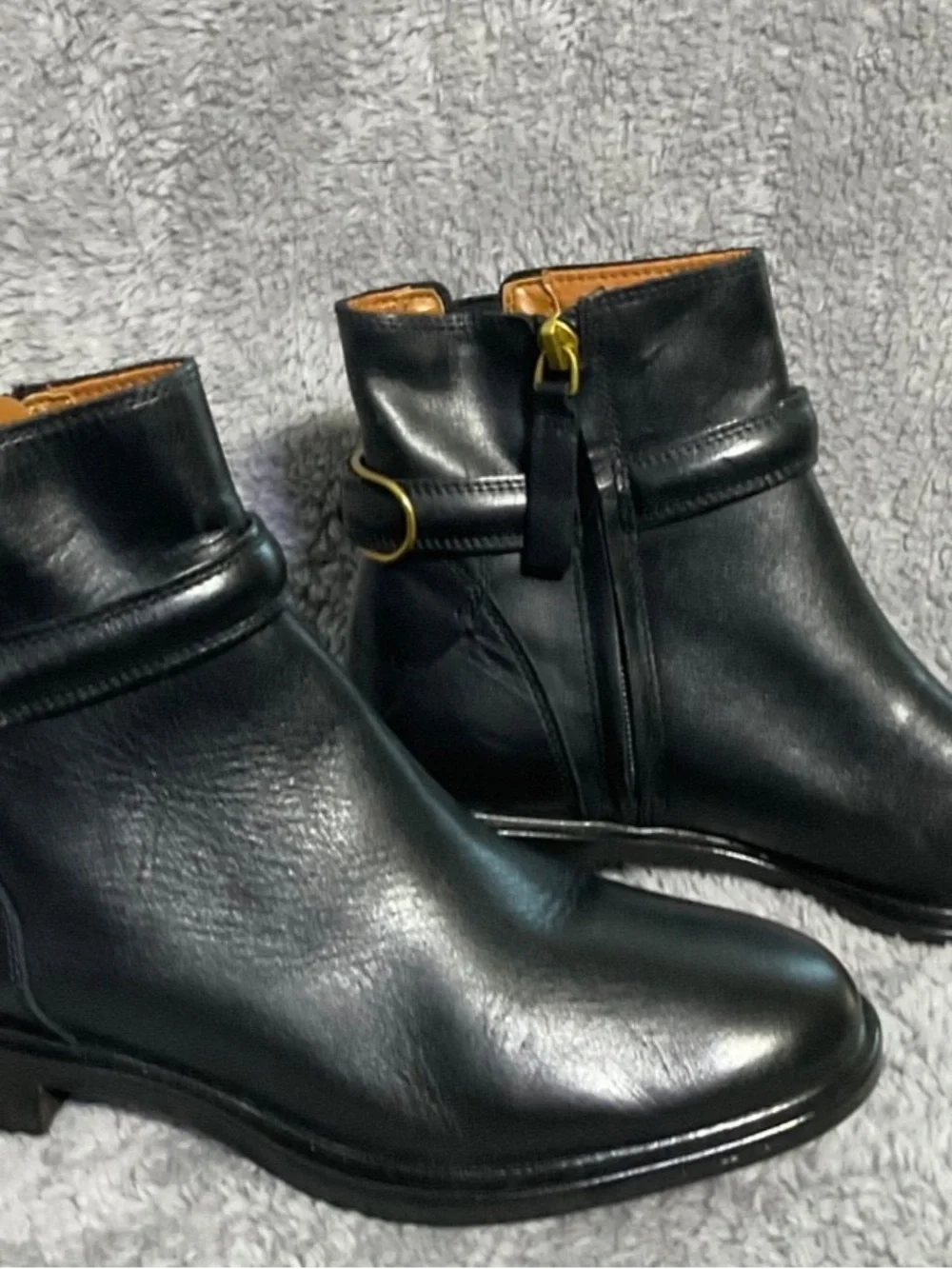 New Franco Sarto Elese Leather Black Ankle boots with Gold Buckle size 5M